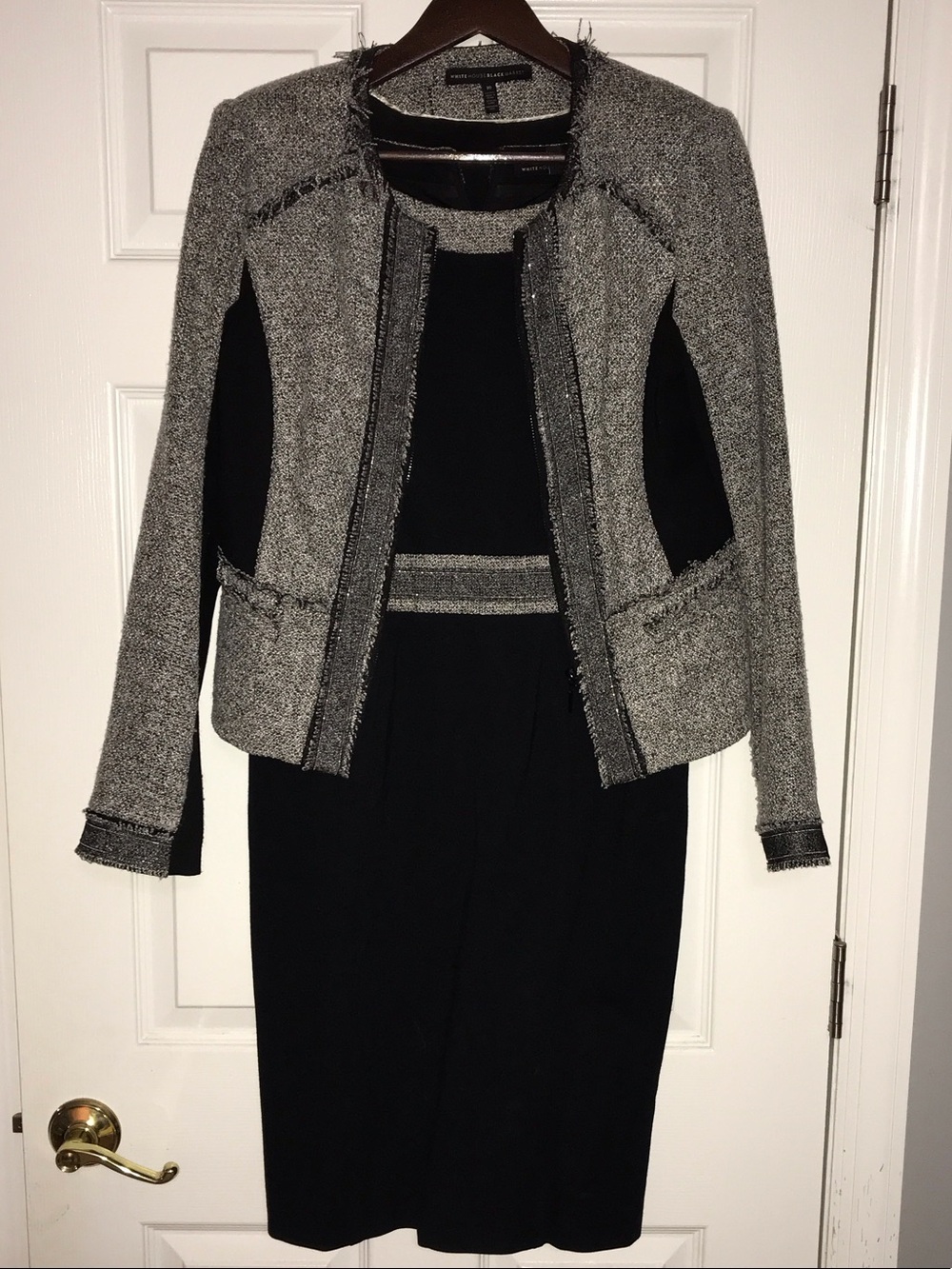 White House Black Market Gray & Black Tweed Open-Front Blazer